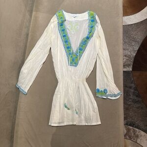 Elizabeth Hurley White swim coverup, Tunic with Blue and Green Beading